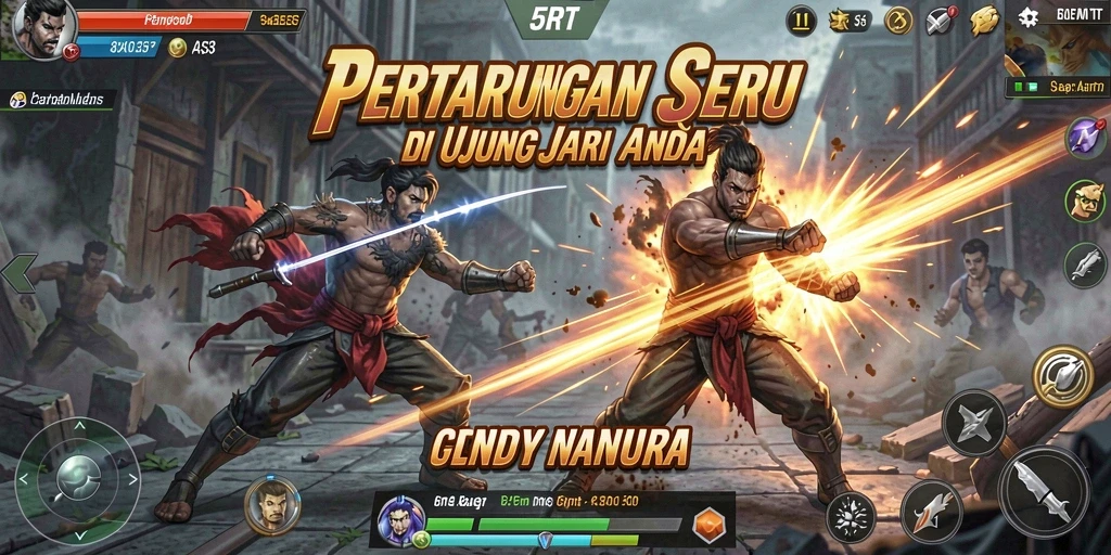 Tampilan gameplay mendebarkan saat karakter bertarung di arena.