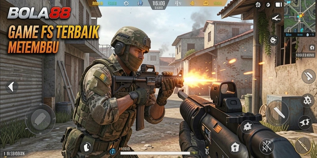 Gameplay BOLA88 di tengah pertempuran FPS yang intens.