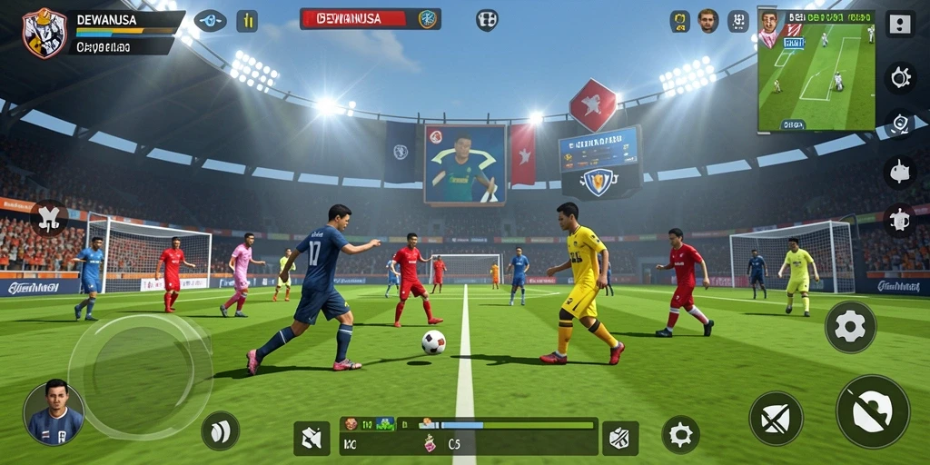 Screenshot olahraga sepak bola DEWANUSA menampilkan aksi mendebarkan di lapangan.