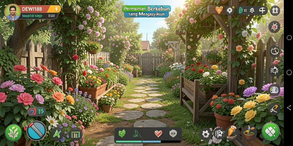 Gameplay DEWI188 yang seru dan penuh warna saat berkebun.