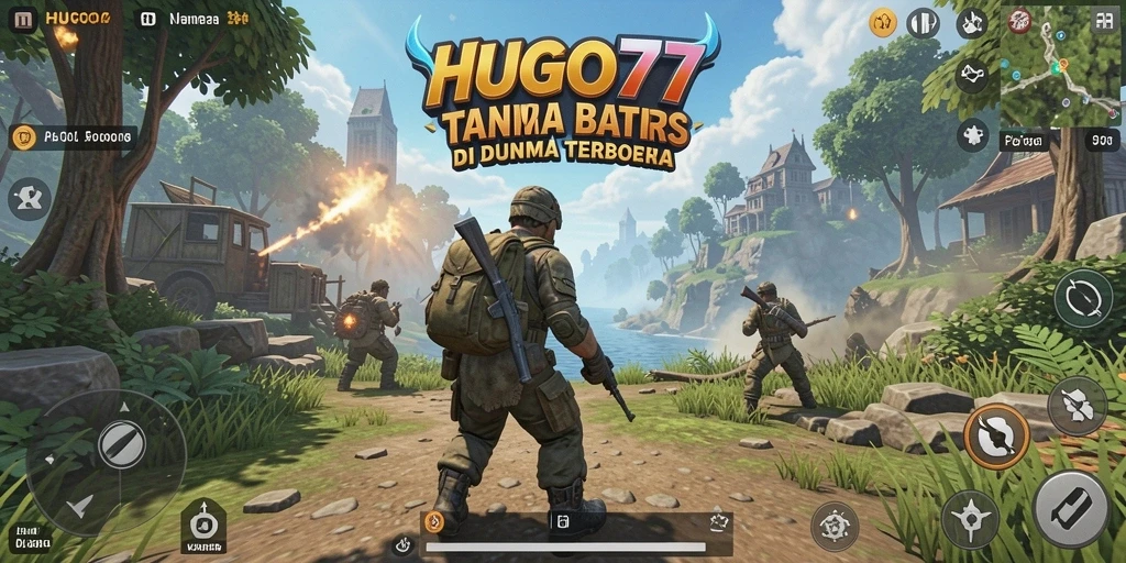 Tampilan gameplay HUGO77 menampilkan eksplorasi dunia terbuka yang epik.