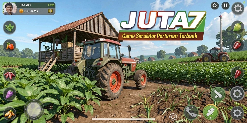 Tampilan gameplay JUTA7 saat merawat tanaman di ladang.