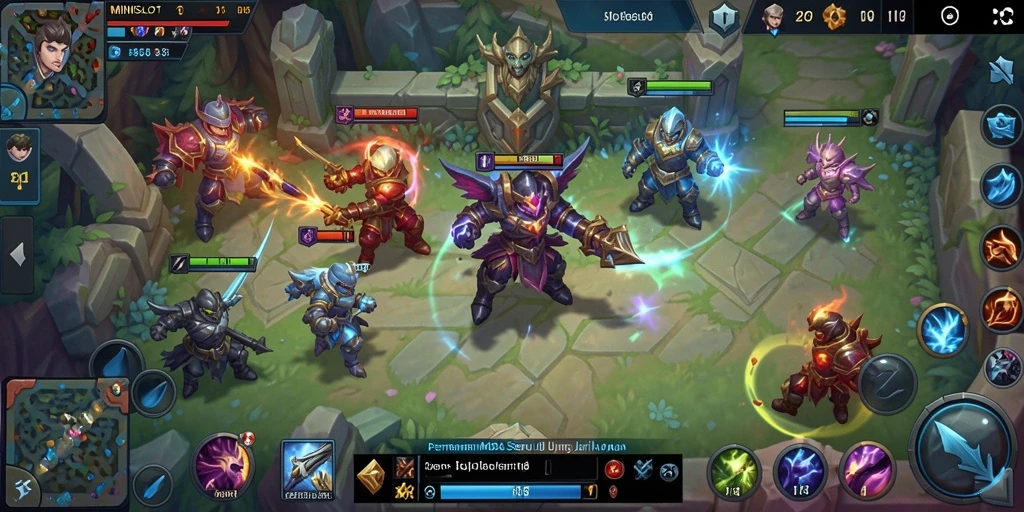 Screenshot gameplay <strong>MINISLOT</strong> yang menunjukkan aksi seru pertarungan MOBA.