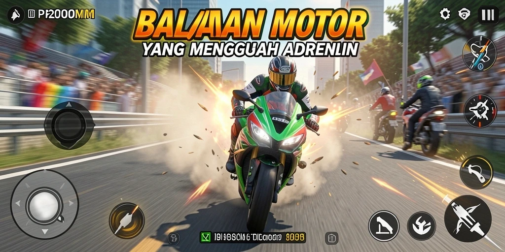 Screenshot P200M menampilkan balapan motor yang mendebarkan di trek menantang.