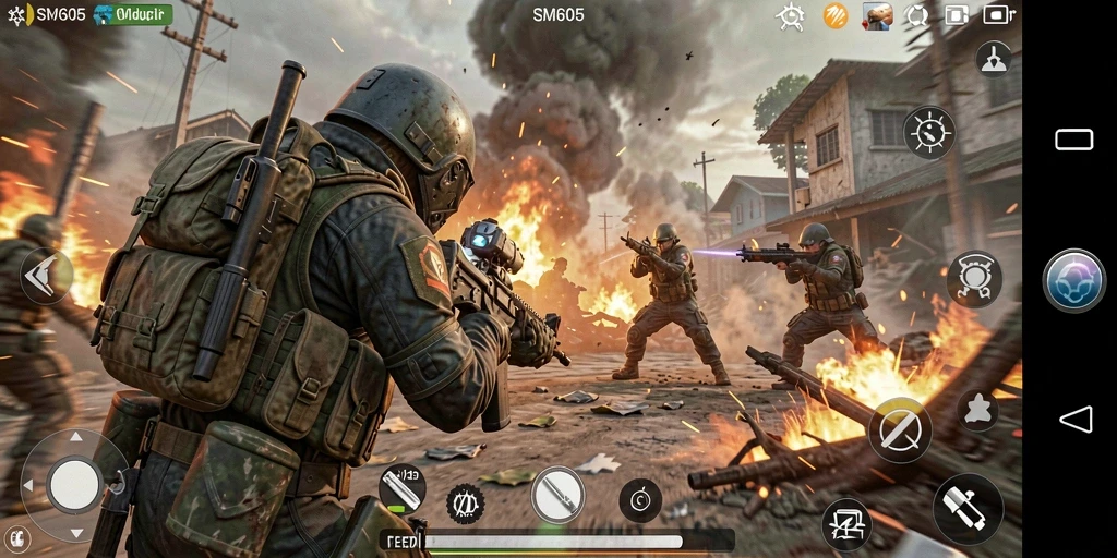 Gambaran gameplay SM605 yang menegangkan di medan perang FPS.