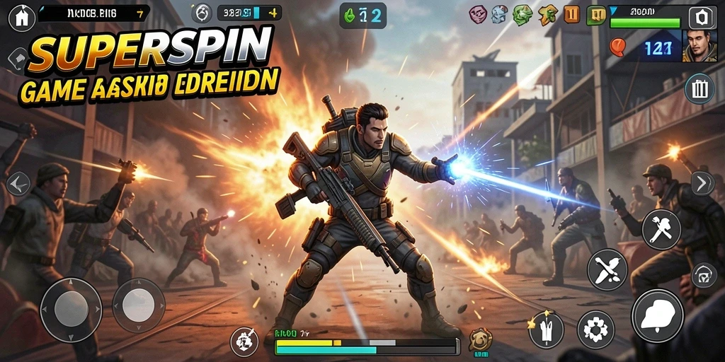Tangkapan layar menunjukkan aksi mendebarkan dari gameplay <strong>SUPERSPIN</strong> dalam mode TPS.